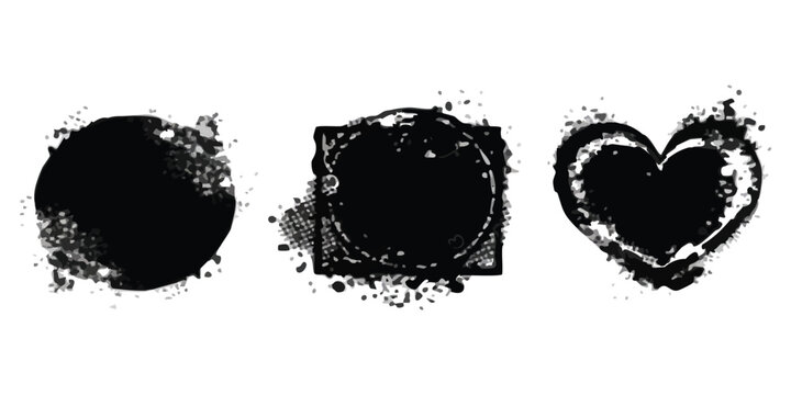 Set of black ink splash shapes including circle square and heart design elements