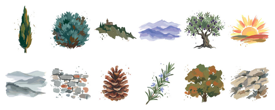 Mediterranean landscape icons set. Nature and architecture elements concept. Includes cypress tree, bush, hill with building, mountains, olive tree, sunset, stone wall, pine cone, rosemary,
