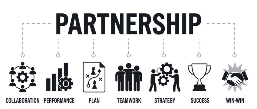 Partnership concept infographic with icons for collaboration, performance, plan, teamwork, strategy, success