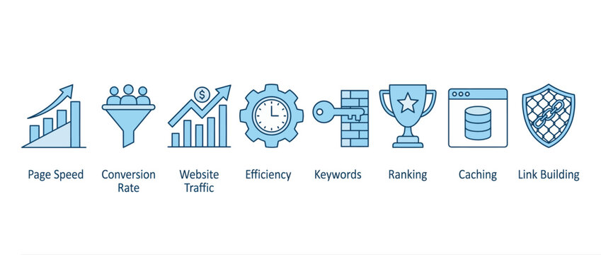 Set of seo and website optimization icons including page speed, conversion rate, traffic, and ranking