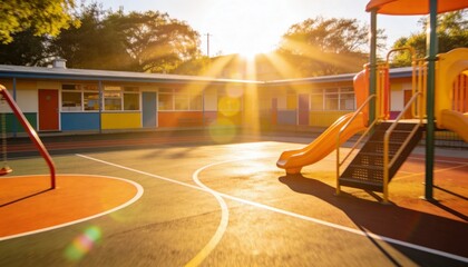 Fototapeta premium Bathing rubber play court in golden sunlight at school yard, with orange slide and colorful panels