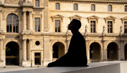 Obraz premium Sitting silhouetted man wearing dark coat on stone ledge, gazing at historic plaza arches