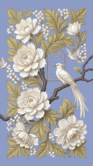 Obraz premium Ornate white floral pattern with birds and berries on a blue background, evoking a sense of natural elegance and tranquility.