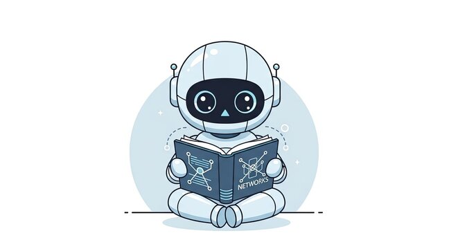 Small robot mascot reading science book with DNA.