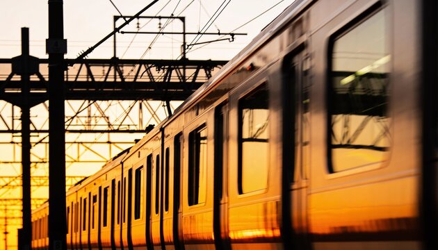 Passing passenger train reflecting sunset along track, showing row of windows and catenary wires