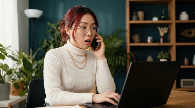 Shocked Asian Woman Reacts to Bad News During Phone Call While Working on Laptop.