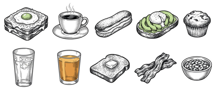 Breakfast food icons set. Morning meal and brunch concept. Includes croque madame, coffee cup, eclair, avocado toast, muffin, water glass, orange juice, buttered toast, bacon, baked beans