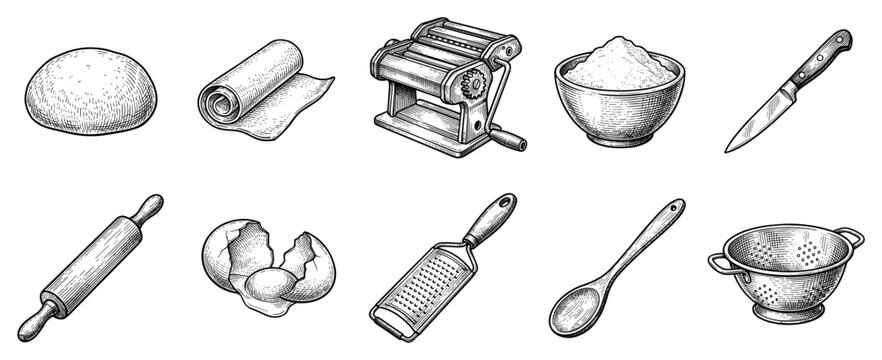 Pasta making icons set. Traditional Italian cuisine and cooking concept. Includes dough ball, pasta sheet, pasta machine, flour bowl, knife, rolling pin, cracked egg, grater, spoon,