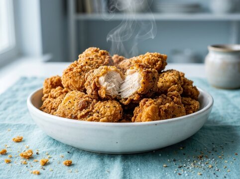 A bowl of steamy, crispy fried chicken pieces, a savory appetizer perfect for sharing or enjoying as a meal.