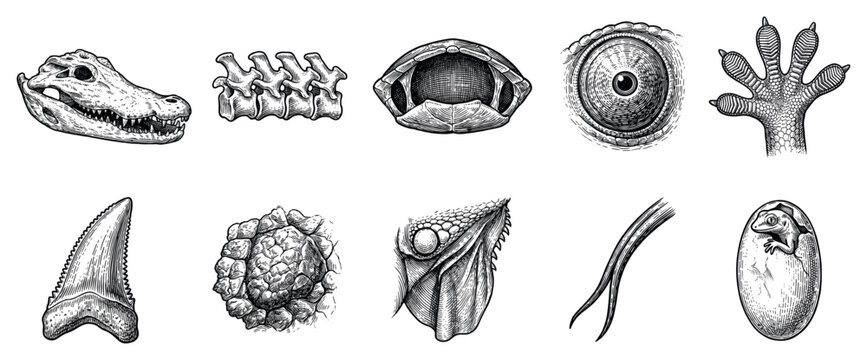 Reptile anatomy icons set. Paleontology and zoology concept. Includes alligator skull, snake vertebrae, turtle jaw, lizard eye, gecko foot, shark tooth, crocodile skin, chameleon head, snake