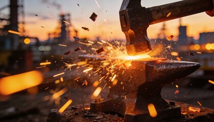 Fototapeta premium Hammering glowing hot metal with heavy hammer on anvil at outdoor forge, sending sparks flying