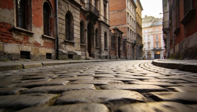 Leading low-angle cobbles guiding eye toward curving historic street, with brick facades, moss