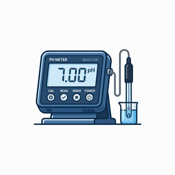 A digital benchtop pH meter with a probe immersed in a beaker of liquid, displaying a reading of 7.00 pH.