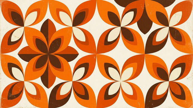 Geometric pattern with warm orange and brown petals on a cream background, symbolizing retro design and organic shapes, suitable for graphic art.
