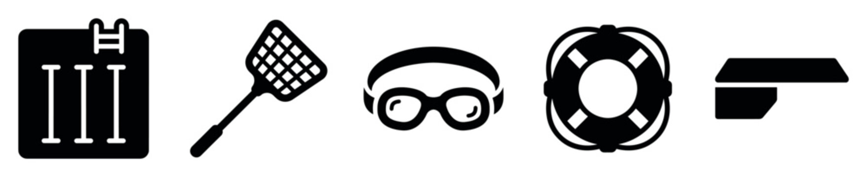 Swimming and pool icons set. Summer water activities and safety concept. Includes swimming pool, skimmer net, swimming goggles, lifebuoy, diving board. Solid black silhouette style