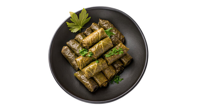 Gourmet traditional stuffed grape leaves dolma served on plate isolated on transparent background cut out
