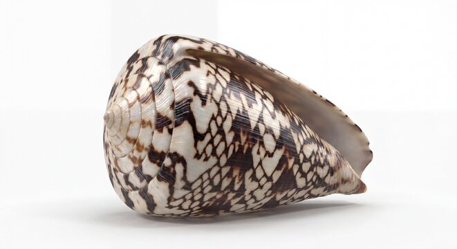 A beautiful cone seashell featuring intricate brown and white geometric patterns on a white.