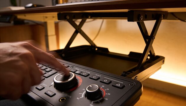 Pressing left hand in dark sleeve turning encoder on audio controller, studio with scissor-lift