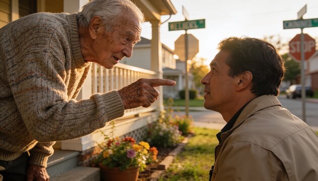 Pointing senior leaning on porch stoop kneeling man wearing beige jacket, knit sweater, copy space