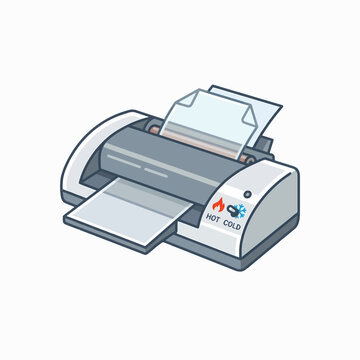 Cartoon-style illustration of a laminating machine with papers being fed into it. Features hot and cold indicator lights.
