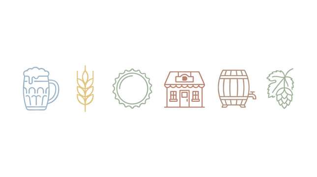 Line art icons representing beer brewing process and pub elements, perfect for craft beverage industry designs and marketing materials.
