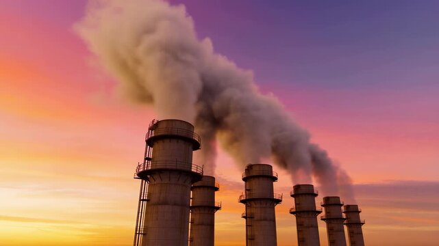 Industrial smokestacks releasing emissions against a vibrant sunset sky. Represents environmental impact and industrialization challenges