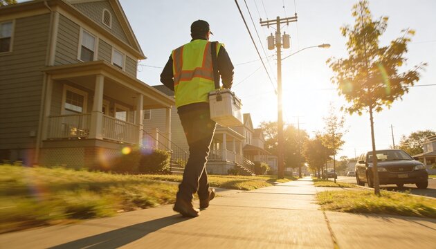 Walking utility worker wearing safety vest carrying metal toolbox along suburban sidewalk, sunlit