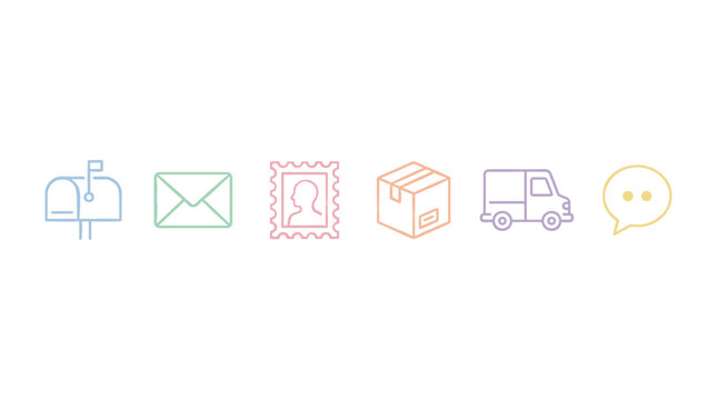 Mailbox envelope stamp box truck speech bubble icons representing various communication and delivery services in a modern pastel line art style.