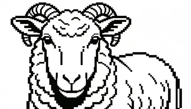 Displaying 8-bit ram angled right in white field, showing curved horns, wool and black outline
