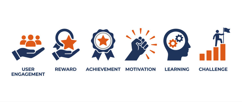 Gamification concept icons set with user engagement, reward, achievement, motivation, learning and challenge