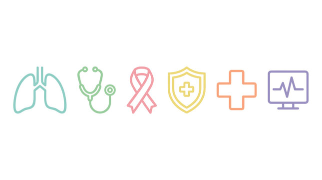 Six pastel outline medical health care icons representing lungs, stethoscope, awareness ribbon, shield, cross, and ECG monitor for health concepts.