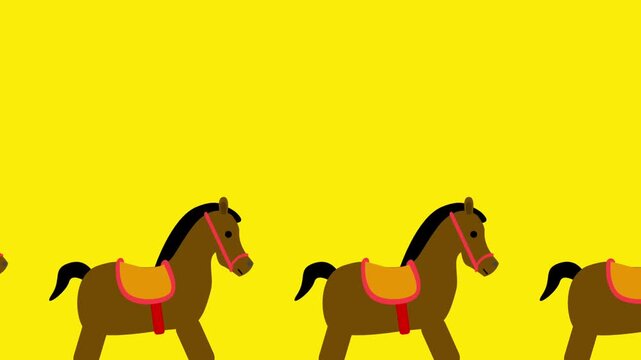 Cartoon toy horses walking in a row against a solid yellow background.