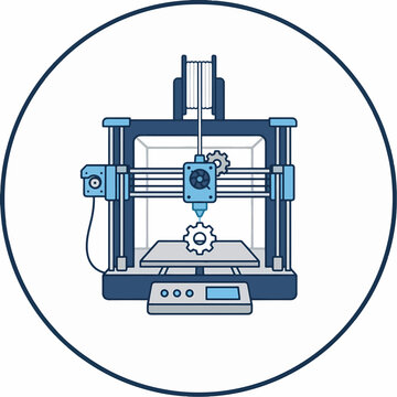 A flat line-art illustration of a 3D printer creating a gear, enclosed in a blue circular frame. The design uses a cool color palette of navy, light blue, and grey.