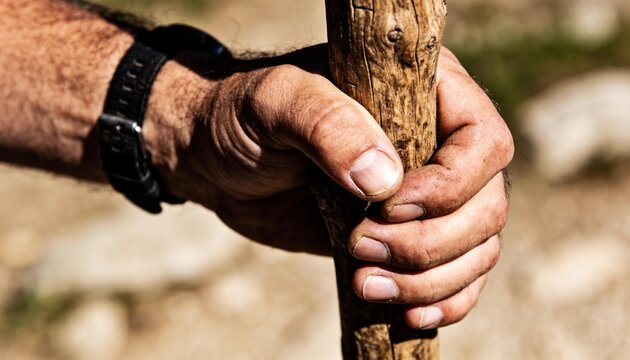 Gripping adult hands holding wooden staff on sunny rocky ground, with black wristwatch and dirt
