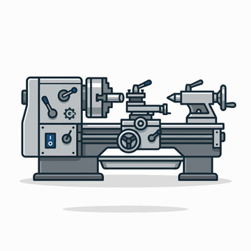 A clean 2D vector illustration of a metal lathe machine in a minimalist flat design style. The industrial equipment is shown in grey tones with precise mechanical details.