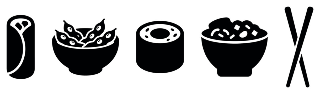 Asian food icons set. Oriental cuisine and dining concept. Includes spring roll, edamame bowl, sushi roll, rice bowl, chopsticks. Solid black silhouette style