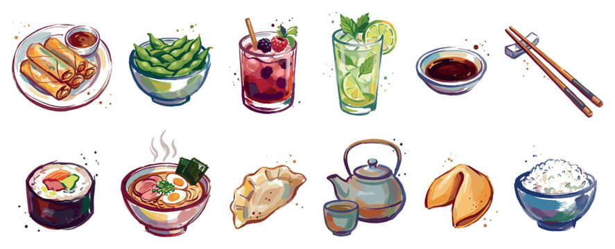 Asian food icons set. Delicious cuisine and dining concept. Includes spring rolls, edamame, berry drink, mojito, soy sauce, chopsticks, sushi, ramen, dumpling, teapot, fortune cookie, rice