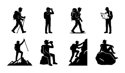 Fototapeta premium Hiking Silhouette Icons Set, Mountain Trekking Adventure, Outdoor Exploration Vector Graphics, Backpacking Journey Illustrations