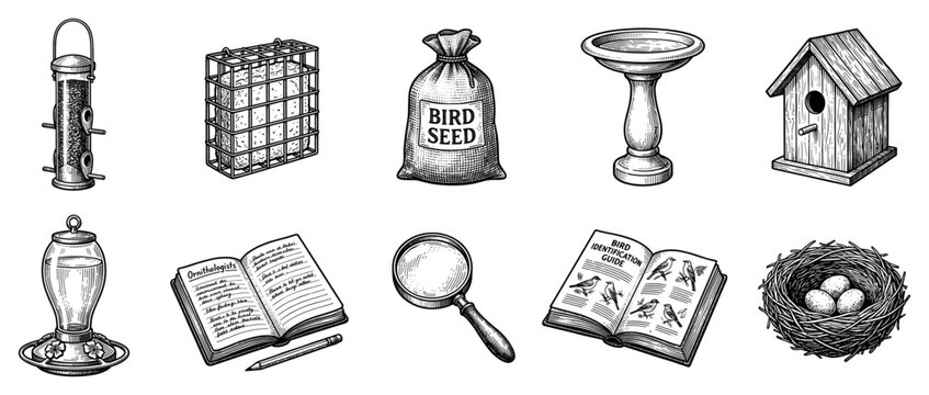 Bird watching icons set. Ornithology and backyard bird care concept. Includes bird feeder, suet cage, seed bag, bird bath, birdhouse, hummingbird feeder, notebook, magnifying glass, guide
