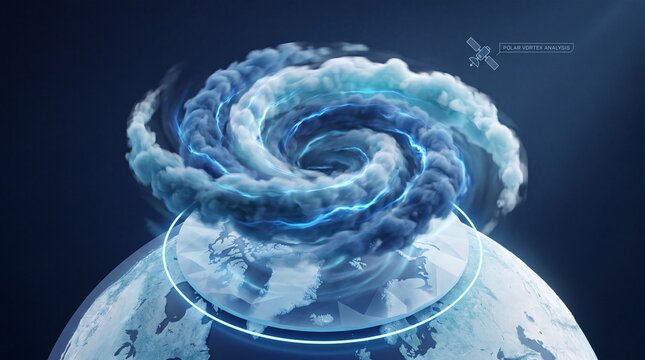 A digital 3D rendering of a swirling polar vortex storm system hovering above the Earth globe map.