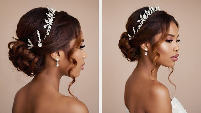 Elegant bride with intricate crystal hair accessories and updo, exuding grace and sophistication