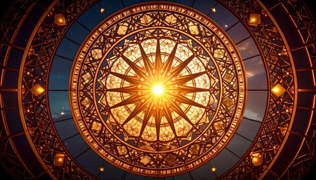 Magical ornate stained glass dome with a bright central star illuminating the night sky