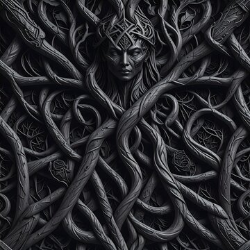 Mysterious dark forest spirit with intricate Celtic knotwork and tangled roots, ancient magic