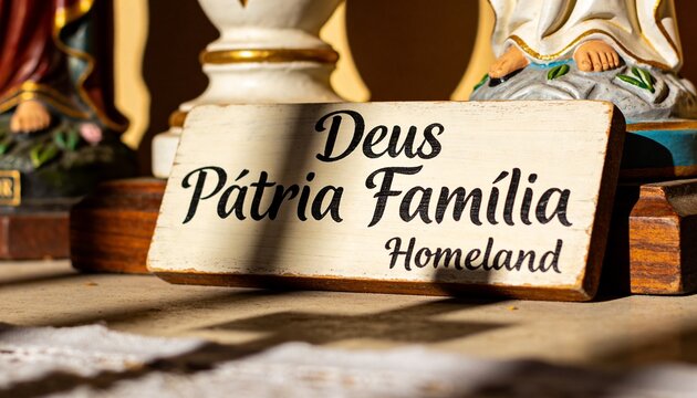 Displaying off-white wooden sign reading Deus Patria Familia Homeland at altar, with painted robes