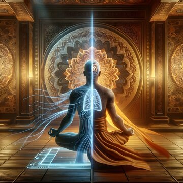 Serene visualization of spiritual meditation and inner balance in a golden temple