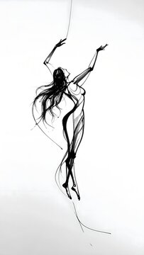 Empowering ink sketch of a graceful woman dancing with flowing hair, symbolizing freedom and artistic expression