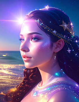 Magical woman with sparkling hair and glowing skin gazes towards a radiant star over a shimmering sea