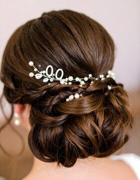 Elegant bridal hairstyle featuring an intricate braided bun with pearl and crystal hair accessories