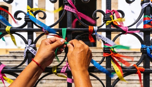 Tying green ribbon onto black iron fence at steps, hands wearing red bracelet with colorful ribbons