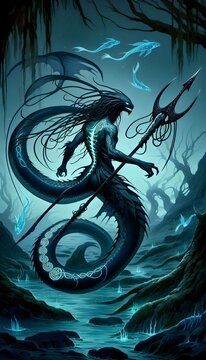 Mystical aquatic warrior with serpent tail and glowing trident in a dark underwater realm